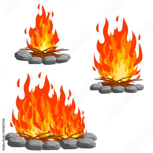 Red campfire. Orange flame. Tourist bonfire. Element of a hike. Heat and hot object. Fire lined with stones. Cartoon flat illustration