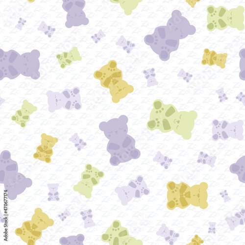 Sleep gummies vector seamless pattern background. Backdrop with gummy bears in pastel purple, green, white. Cute kawaii style characters for sleeping well, melatonin natural aid and health concept.