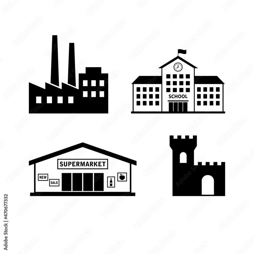 Building vector icons on white background, factory, school, supermarket, castle