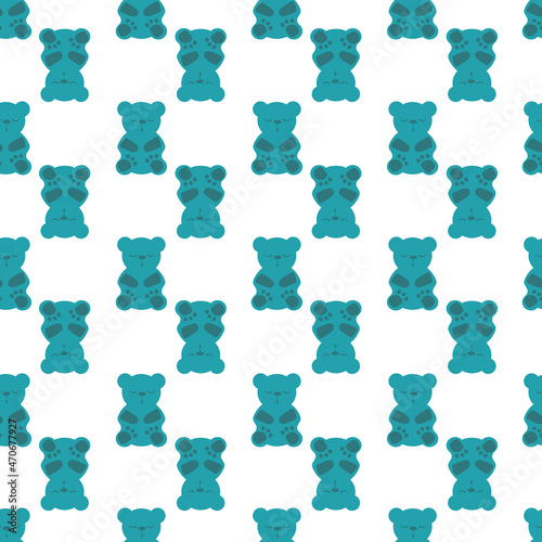 Sleep gummies vector seamless pattern background. Backdrop with gummy bears in blue green white. Cute kawaii style characters for sleeping well, melatonin natural aid and health concept. For wellness