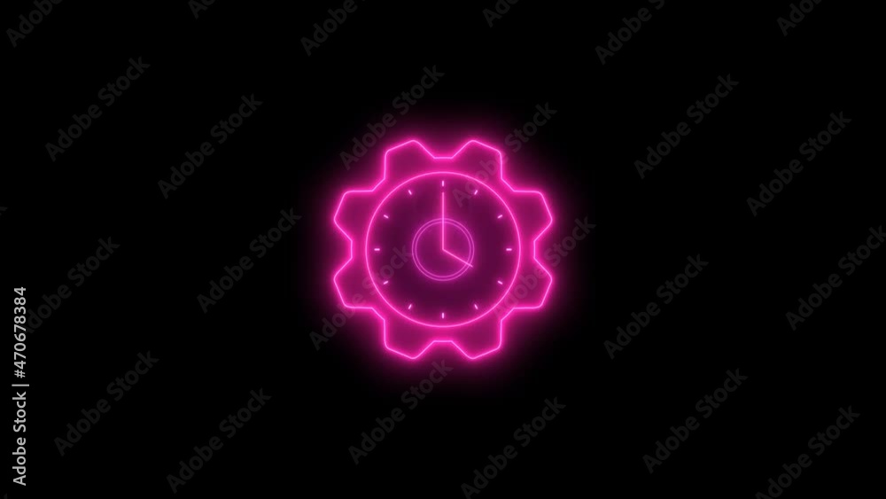 Pink neon light gear design counting down clock animation on black background