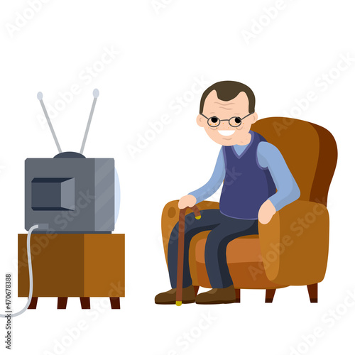 Old Senior man sitting in armchair and watching retro TV. Funny grandfather. Lifestyle of grandpa. Cartoon flat illustration. Hobbies and pastime oldster