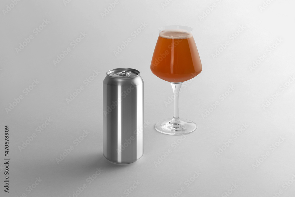 Blank beer can and glass with beer on a white background, craft beer mockup templates, with empty space to place your label or design Blank beer can and glass with beer on a white background, craft beer mockup templates, with empty space to place your label or design