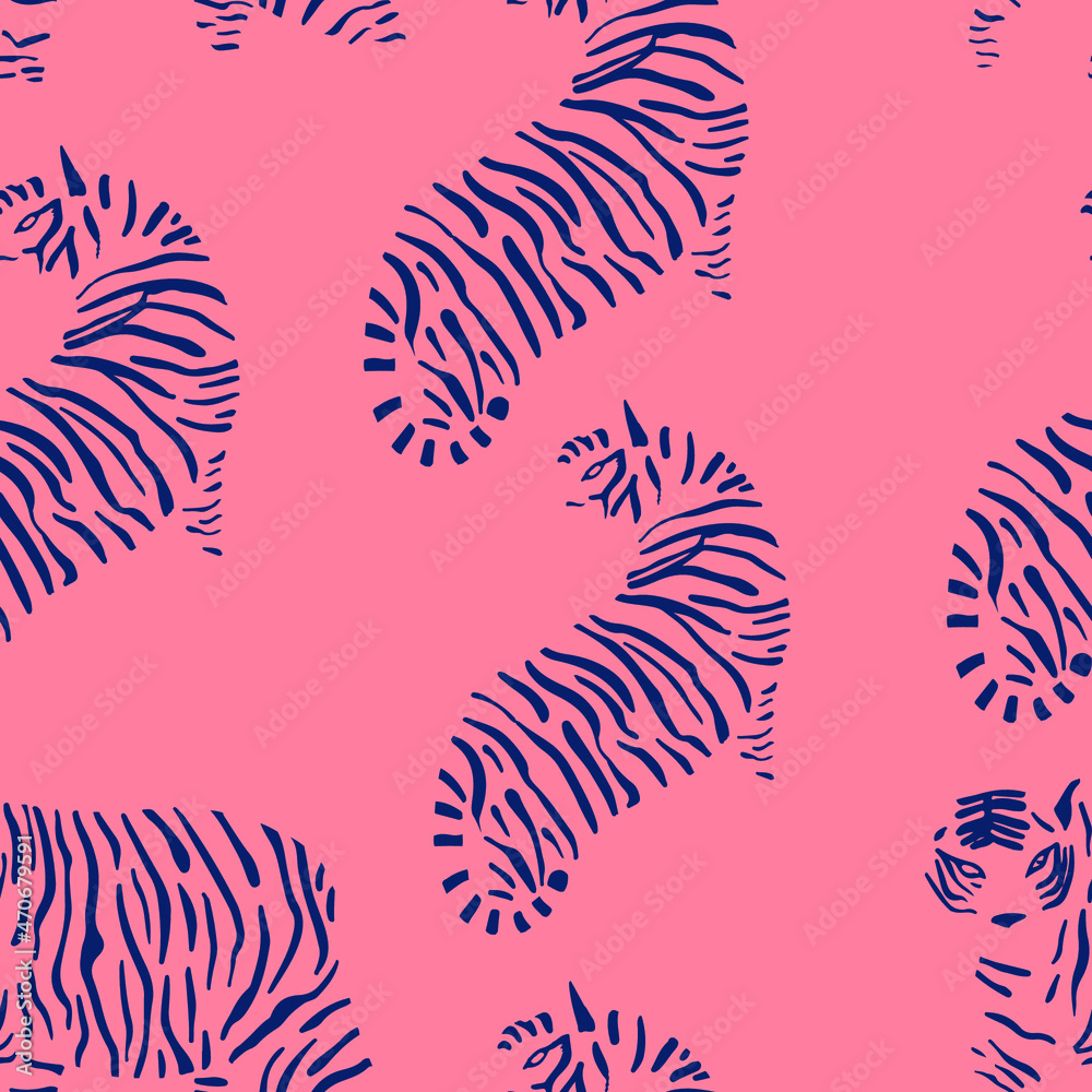 Abstract silhouette Tiger seamless pattern. Wild life animals. Deep blue and pink vector isolated illustration