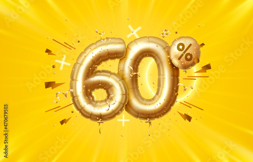 60 Off. Discount creative composition. 3d Golden sale symbol with decorative objects, heart shaped balloons, golden confetti, podium and gift box. Sale banner and poster. Vector