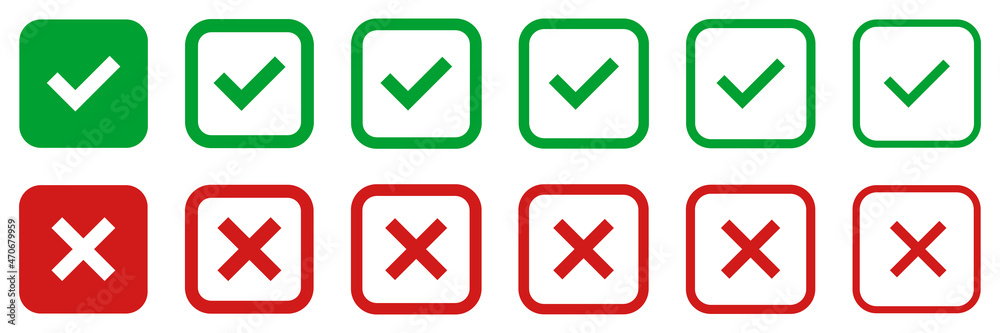 Set of check mark icons and cross, square signs with tick and cross. Checked icon or correct choice sign. Wrong choice or cancellation sign. Set of check mark icons and cross, square signs with tick and cross. Checked icon or correct choice sign. Wrong choice or cancellation sign.