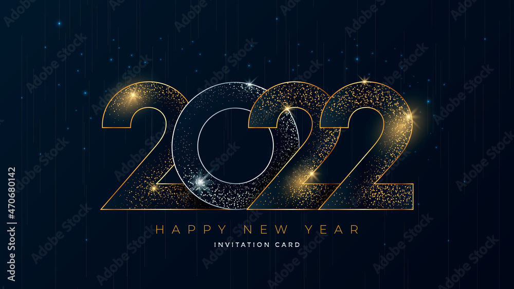 Fototapeta premium Happy New Year 2022 gold numbers typography greeting card design on dark background. Christmas invitation poster with golden glitter 3d numeral