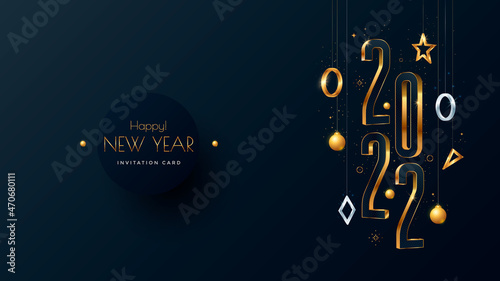 Happy New Year 2022 gold numbers typography greeting card design on dark background. Merry Christmas invitation poster with golden decoration elements.