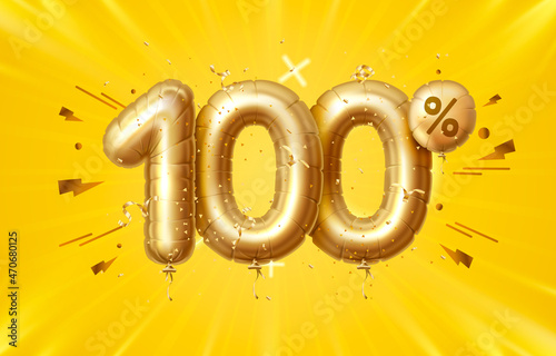 100 Off. Discount creative composition. 3d Golden sale symbol with decorative objects, heart shaped balloons, golden confetti, podium and gift box. Sale banner and poster. Vector