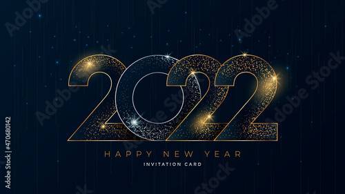 Happy New Year 2022 gold numbers typography greeting card design on dark background. Christmas invitation poster with golden glitter 3d numeral