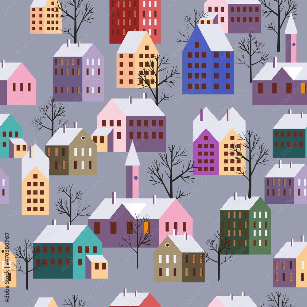 Seamless winter city landscape. Christmas scandinavian town, trees houses, seasone pattern New Year and Christmas holidays. Vector illustration minimalism style