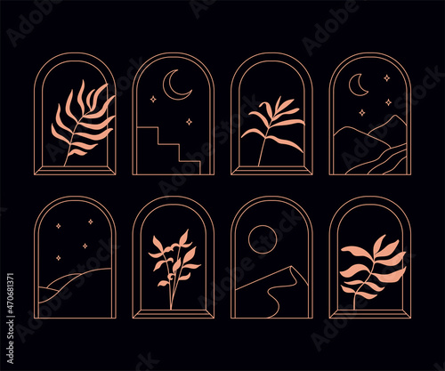 Arches and windows abstract logo set with palm leaf and moon design templates in trendy linear minimal style.