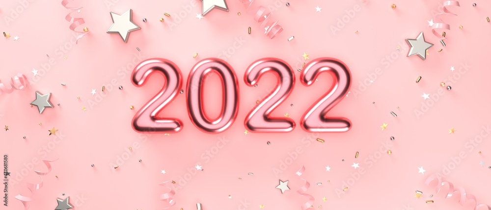 2022 New Year celebration theme with confetti and stars - 3D render illustration 2022 New Year celebration theme with confetti and stars - 3D render illustration