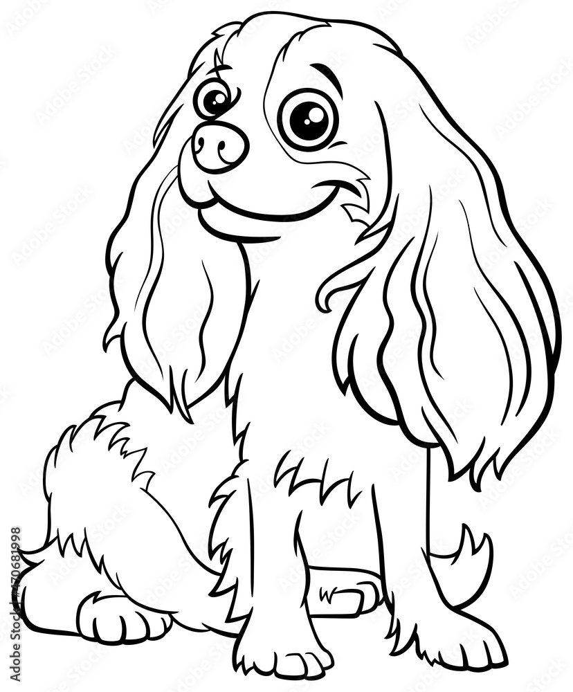 cartoon Cavalier King Charles Spaniel purebred dog coloring book page