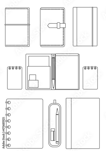 イラスト素材：シンプルなシルエットの文房具セット③線画のみ