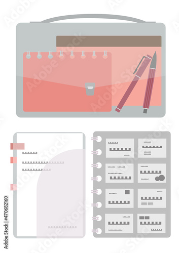 パステルカラーの文房具が収納されたキャリーケースと、書類や名刺が入ったクリアフォルダセット※（クリアケースの半透明感を出すためにマスク機能を使っています。外せばくっきりとなります）