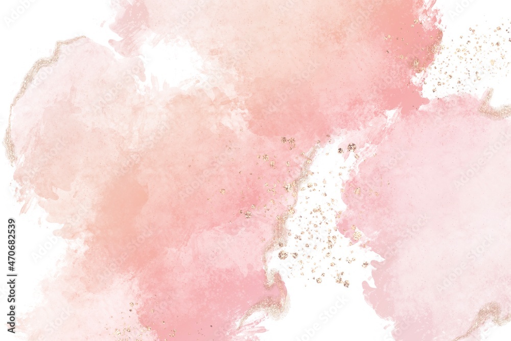 グラデーションのペイント抽象背景）ピンクの筆跡に金色の装飾　春　ラメ　グリッター　白背景
