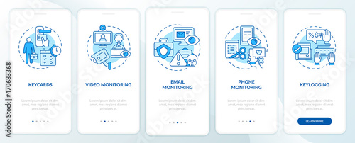 Types of employee monitoring blue onboarding mobile app page screen. Work walkthrough 5 steps graphic instructions with concepts. UI, UX, GUI vector template with linear color illustrations © bsd studio