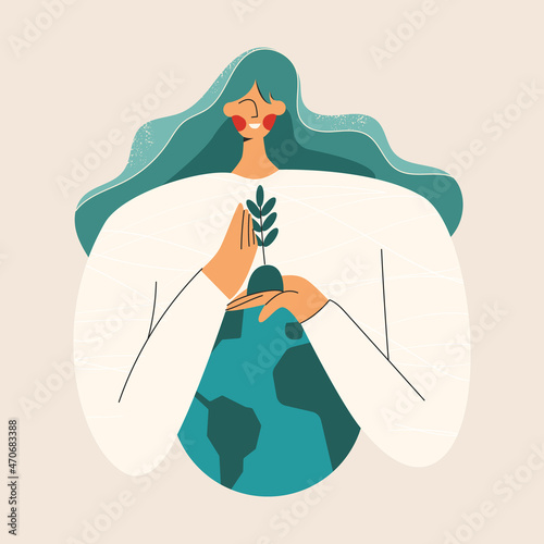 Mother Earth planet Day or protect globe environment nature. Environmental protection. Saving the planet, female character protect our earth. Go green concept. Flat vector cartoon illustration