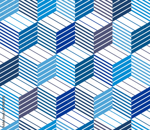 3D cubes seamless pattern vector background, lined dimensional blocks, architecture and construction, geometric design.