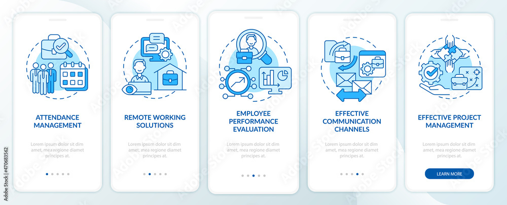 Employee monitoring advantages blue onboarding mobile app page screen. Work tracking walkthrough 5 steps graphic instructions with concepts. UI, UX, GUI vector template with linear color illustrations