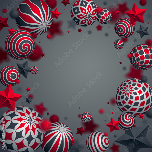 Abstract shiny spheres and stars vector background, composition of flying balls decorated with patterns of shiny gold, 3D mixed variety realistic globes with ornaments, with blank copy space.