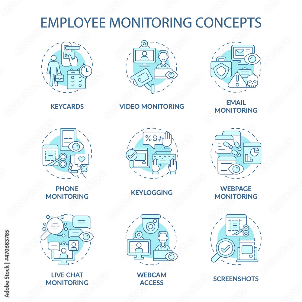 Employee monitoring blue concept icons set. Workplace surveillance. Corporate tracking software. Work control idea thin line color illustrations. Vector isolated outline drawings. Editable stroke