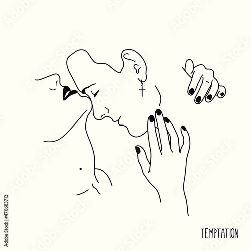 Couple in love. Romantic lovers portrait. Linear sketch logo tattoo