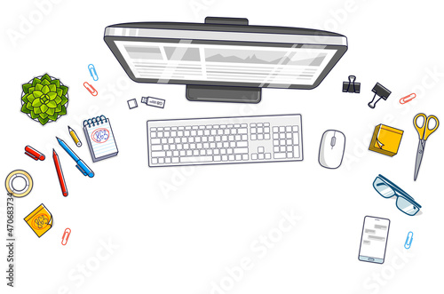 Office desk workspace top view with PC computer and diverse stationery objects for work isolated, overhead look. All elements are easy to use separately or recompose the illustration. Vector.