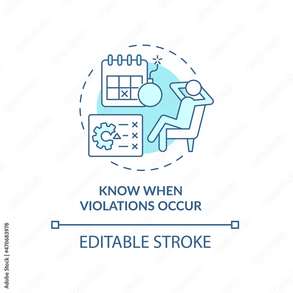 Know when violations occur blue concept icon. Tracking productivity at workplace. Employee monitoring abstract idea thin line illustration. Vector isolated outline color drawing. Editable stroke Know when violations occur blue concept icon. Tracking productivity at workplace. Employee monitoring abstract idea thin line illustration. Vector isolated outline color drawing. Editable stroke