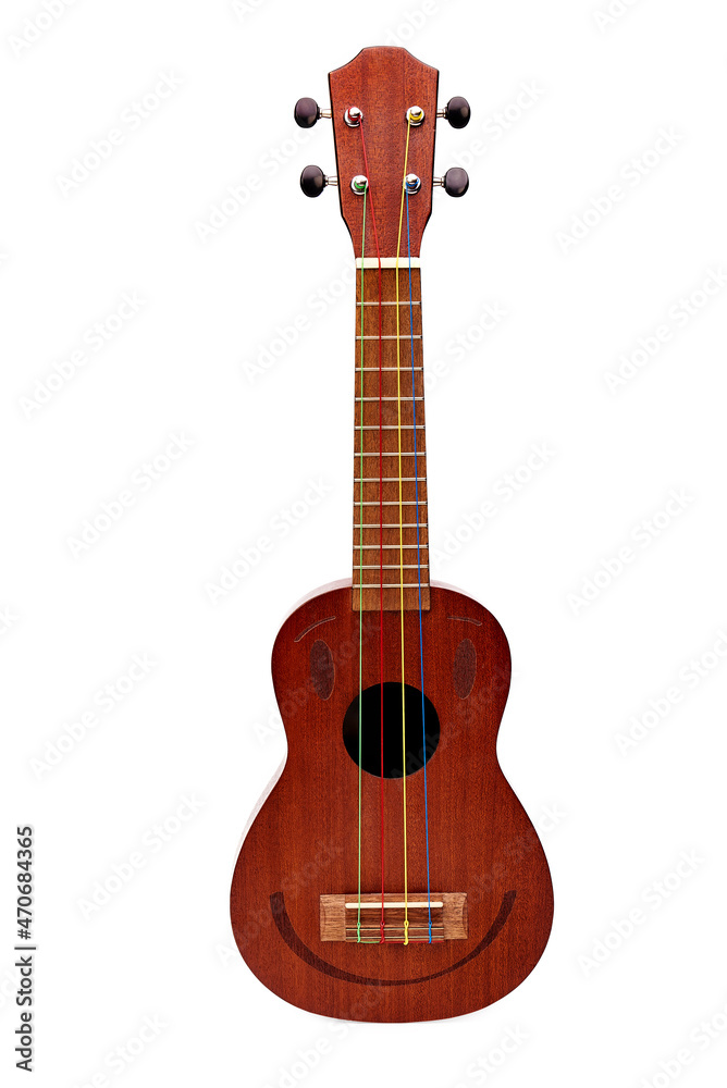 Obraz premium A small wooden ukulele with colorful strings on a white background in the studio