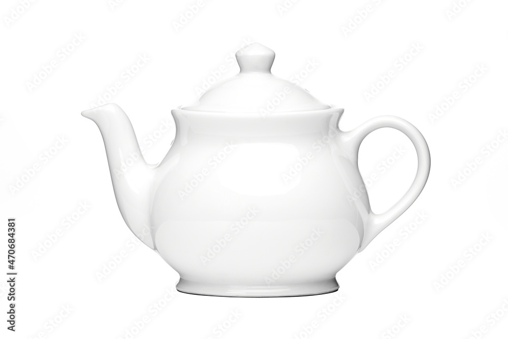 A white porcelain teapot for tea and coffee in the studio against a white background A white porcelain teapot for tea and coffee in the studio against a white background