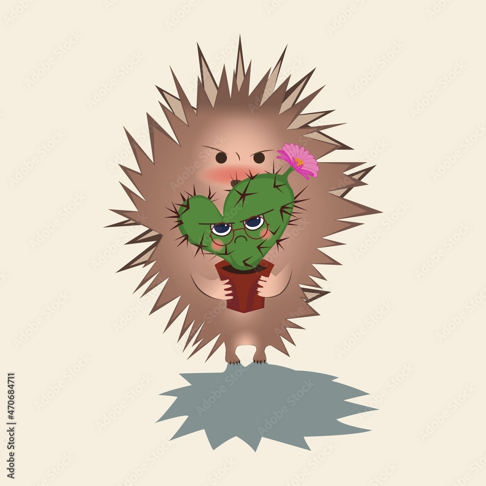 Illustration with cute hedgehog and cactus. Love. Cartoon. Illustration. Cactus with glasses
