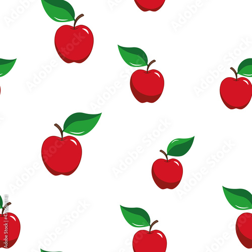 Red apples with green leaves on a white background, pattern