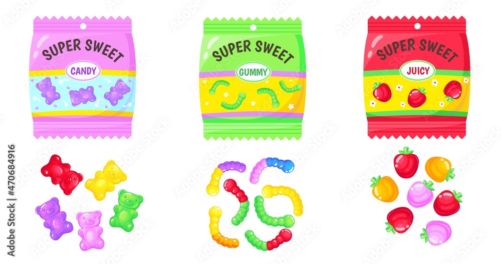 Jelly bears pack. Mix of gummy candies, marmalade colorful sweets for kids, sugar food, neat cartoon abstract vector
