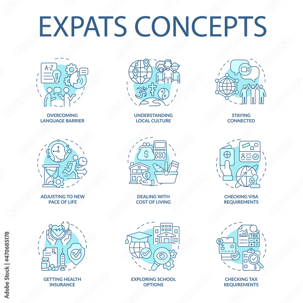 Expats blue concept icons set. Emigration idea thin line color illustrations. Relocate for job and living. Change residence country. New language. Vector isolated outline drawings. Editable stroke