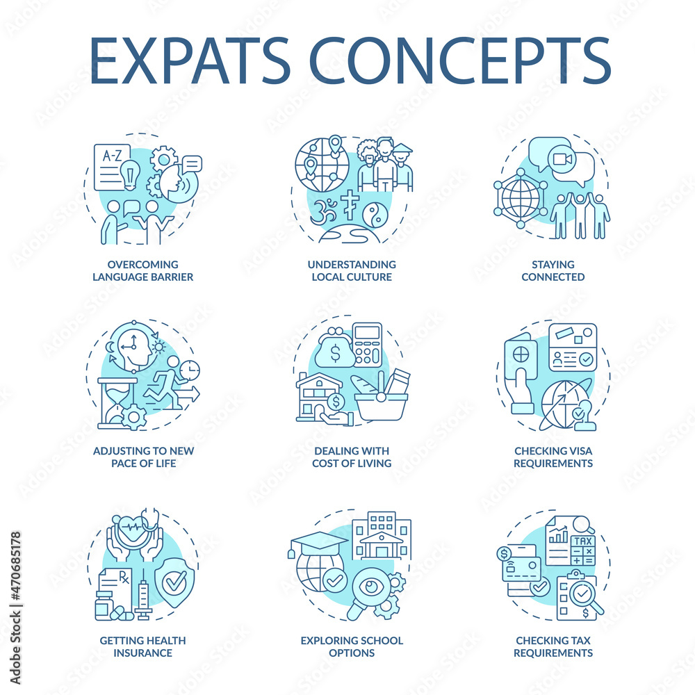 Expats blue concept icons set. Emigration idea thin line color illustrations. Relocate for job and living. Change residence country. New language. Vector isolated outline drawings. Editable stroke Expats blue concept icons set. Emigration idea thin line color illustrations. Relocate for job and living. Change residence country. New language. Vector isolated outline drawings. Editable stroke