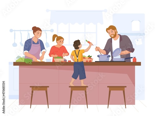 Happy family cooking. Mother, father and kids cook home dinner at kitchen table, culinary hobby, recipe meal, swanky flat vector illustration
