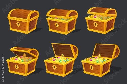 Treasures chest animation. Treasure box animated frames, golden treasurer locker opening, gold money ancient wood case for games neat vector illustration