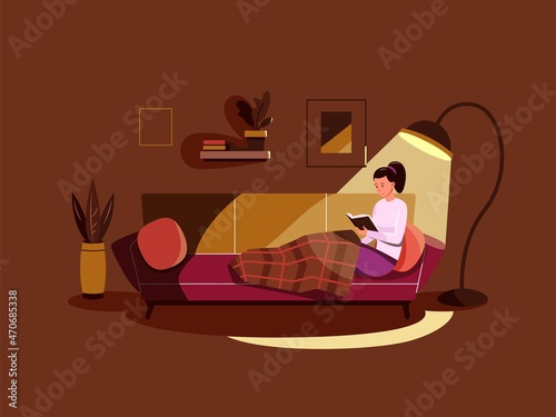 Reading under lamp. Read book in bedroom before bed, girl night reader books light, woman on couch, rest room home library house interior
