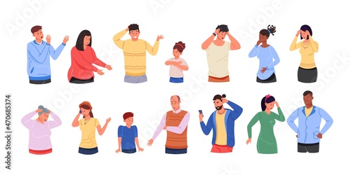 Surprised confused people. Scared worry woman, face person, doubt reaction, startled scream shock gesture hand, young man good excited astonishment