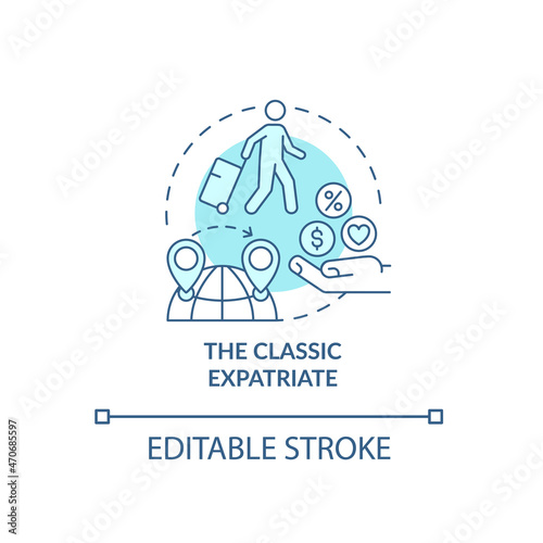 Classic expatriate blue concept icon. Expat types abstract idea thin line illustration. Working abroad. Relocate for career opportunities. Vector isolated outline color drawing. Editable stroke
