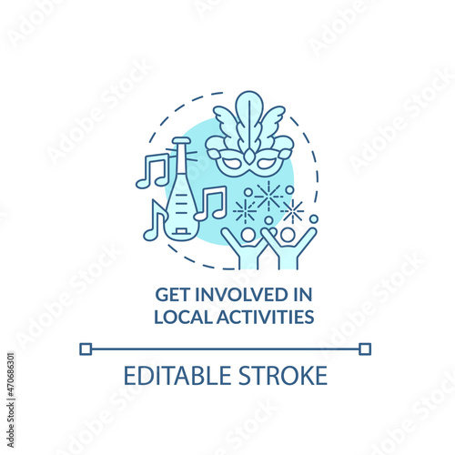 Get involved in local activities blue concept icon. Adjusting to living abroad abstract idea thin line illustration. Engaging in cultural events. Vector isolated outline color drawing. Editable stroke