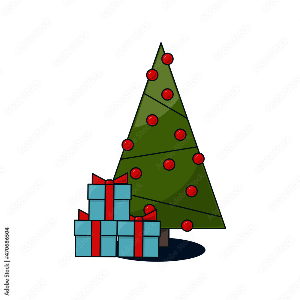 Vector illustration of the Christmas tree and gift boxes. Color bright flat design for card, banner, poster, advertising, blog Vector illustration of the Christmas tree and gift boxes. Color bright flat design for card, banner, poster, advertising, blog