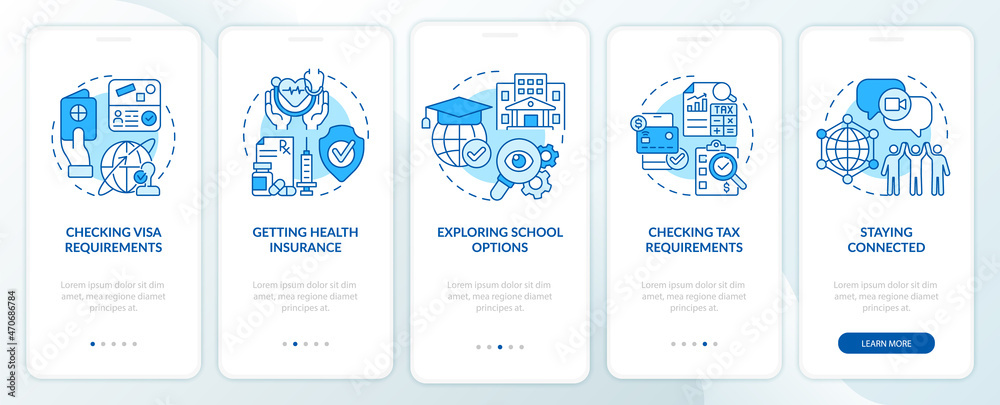 Things to consider when moving blue onboarding mobile app page screen. Moving abroad walkthrough 5 steps graphic instructions with concepts. UI, UX, GUI vector template with linear color illustrations