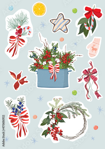Christmas winter stickers collection, cute design and elements for scrapbook. Vector stickers, pins for winter holidays. Great for gift wrapping, greeting card envelopes, planners