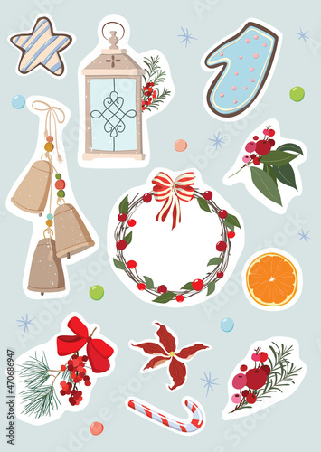 Christmas winter stickers collection, cute design and elements for scrapbook. Vector stickers, pins for winter holidays. Great for gift wrapping, greeting card envelopes, planners