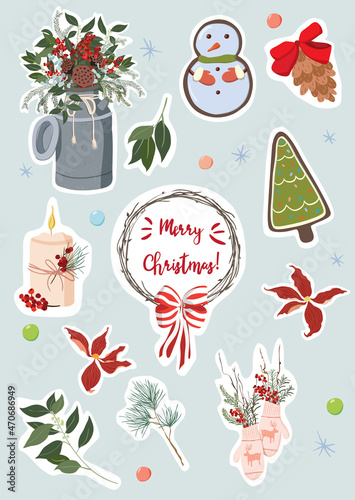 Christmas winter stickers collection, cute design and elements for scrapbook. Vector stickers, pins for winter holidays. Great for gift wrapping, greeting card envelopes, planners