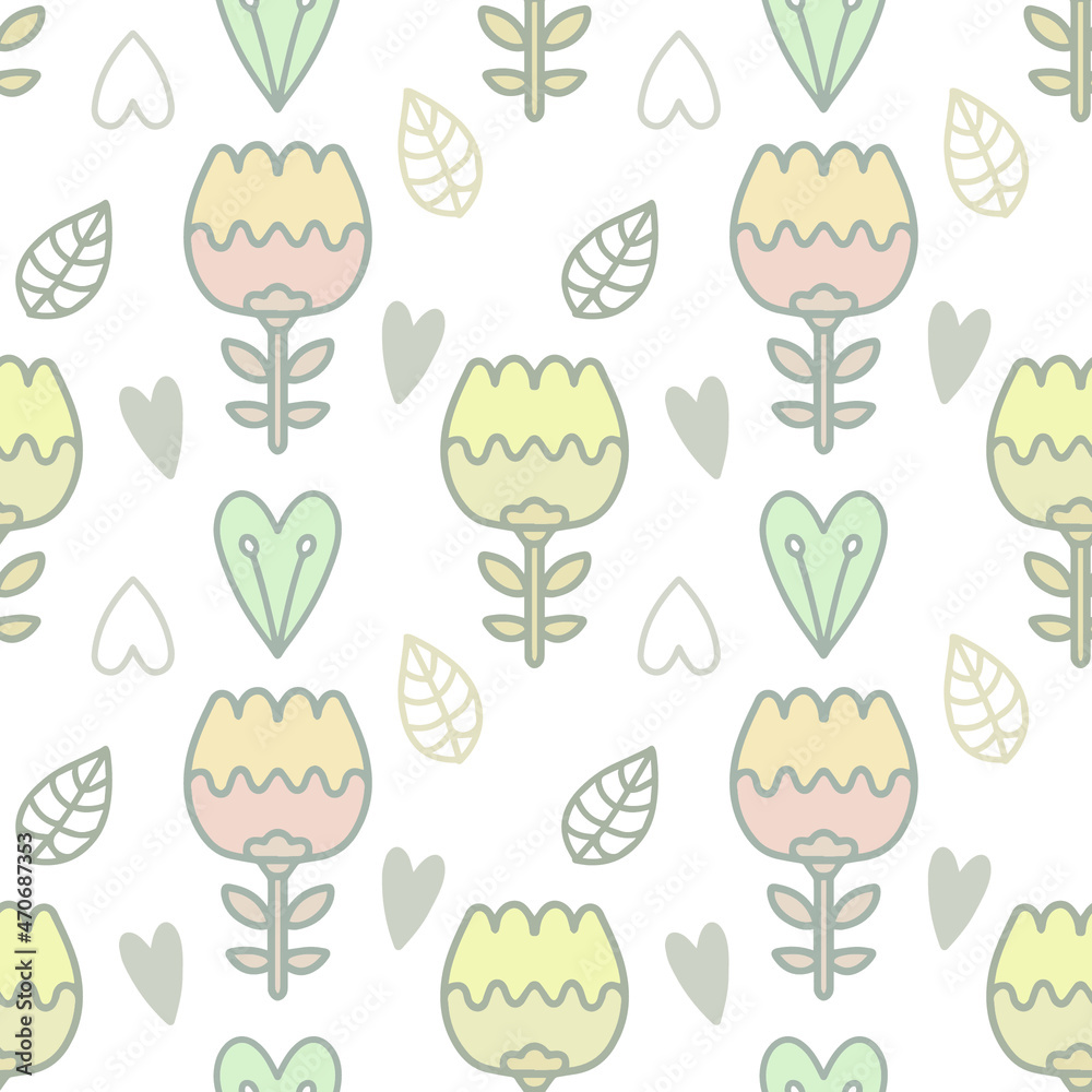 Linear vector pattern with flowers and leaves. Seamless botanical pattern in cartoon style Linear vector pattern with flowers and leaves. Seamless botanical pattern in cartoon style