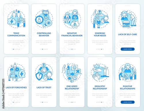 Abusive relationships onboarding mobile app page screen. Unhealthy communication walkthrough 5 steps graphic instructions with concepts. UI, UX, GUI vector template with linear color illustrations